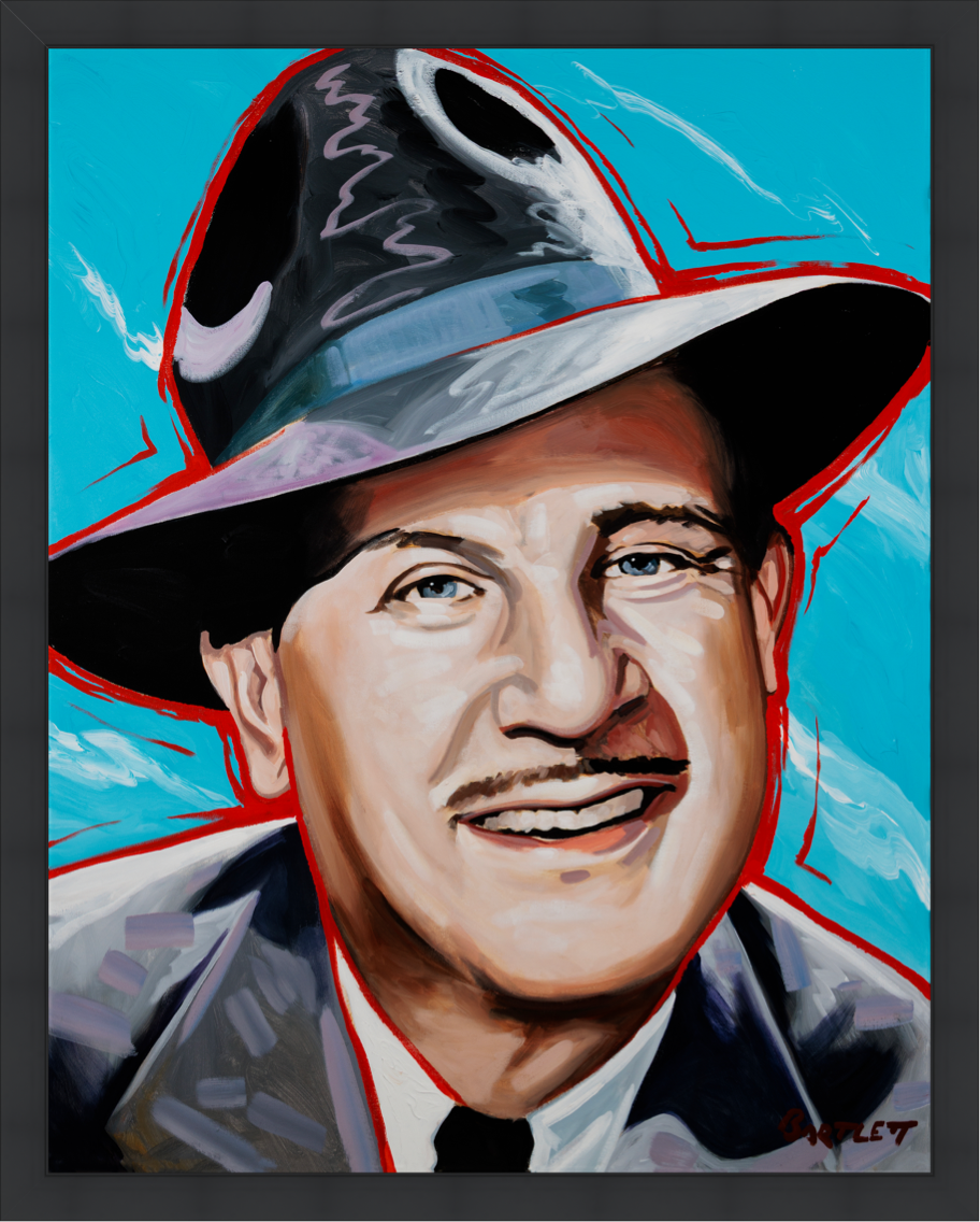 Bud Abbott framed in a black frame. Archival print, painted by artist Harley Bartlett.