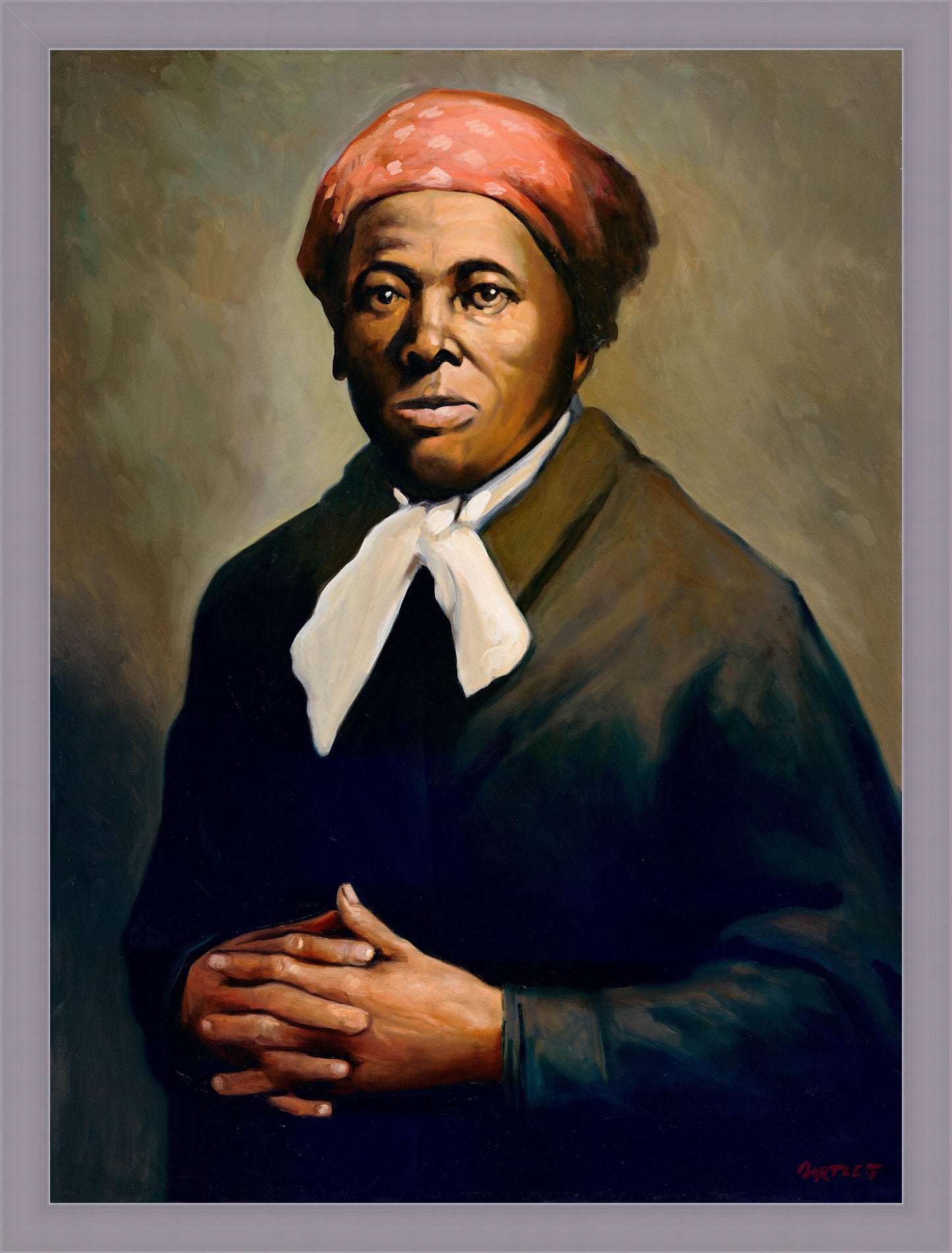 Portrait of Harriet Tubman in a stainless steel frame