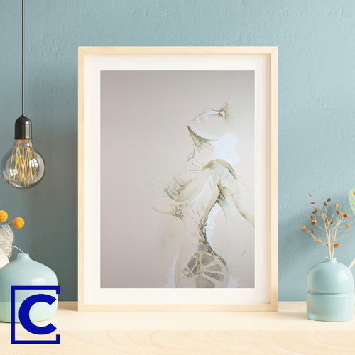 Abstract woman print framed in light wood