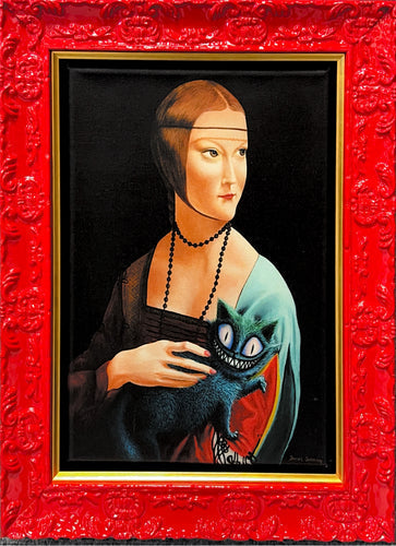 painting of woman holding a demonic cat in a red frame