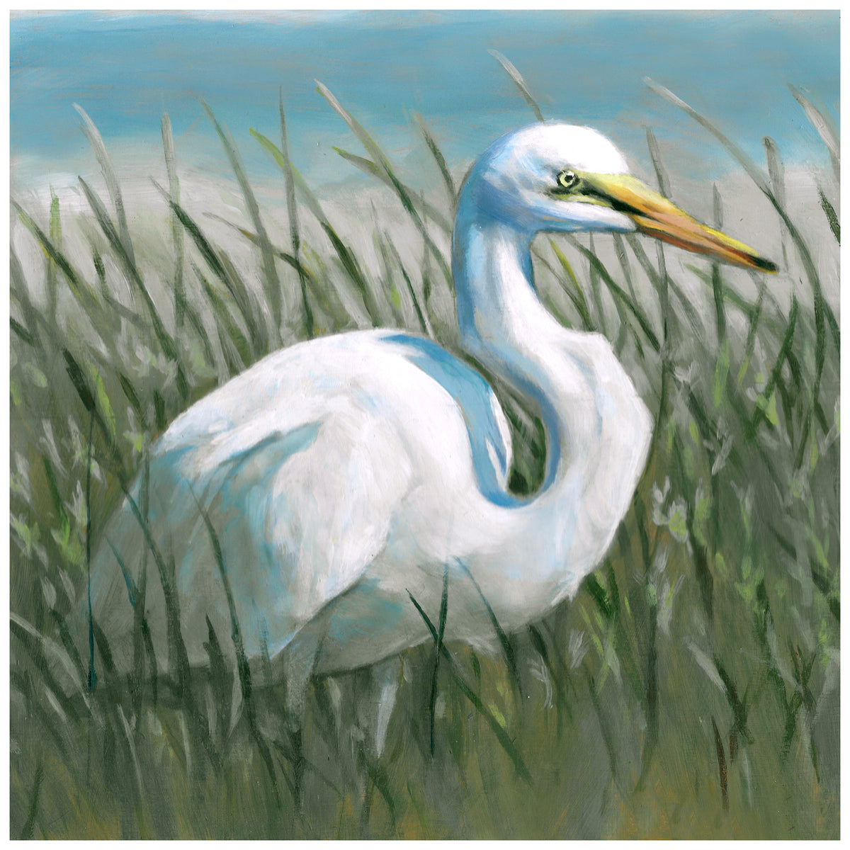 A painted white egret standing in tall green marsh grass under a pale blue sky