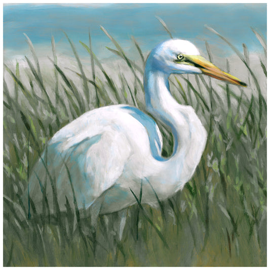 A painted white egret standing in tall green marsh grass under a pale blue sky