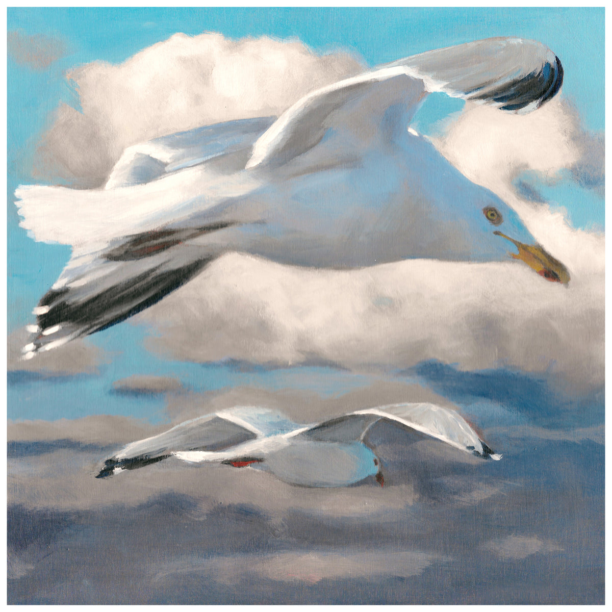 An oil painting of two flying seagulls against a sky with soft white clouds, rendered in blue, white, gray, and black tones.