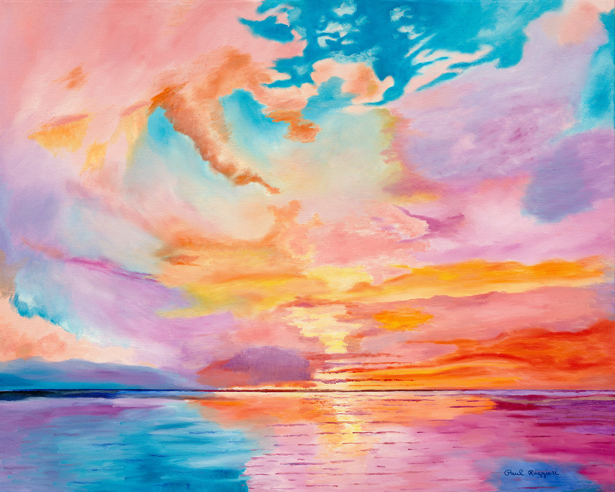 A colorful abstract landscape painting of a sunset over water, featuring vibrant pink, orange, yellow, and blue tones with dramatic clouds and reflections on the water surface.
