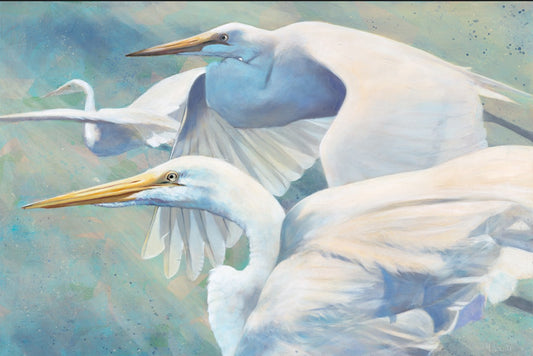 A painting of three white egrets in flight, with soft blue and green watercolor-like background washes.